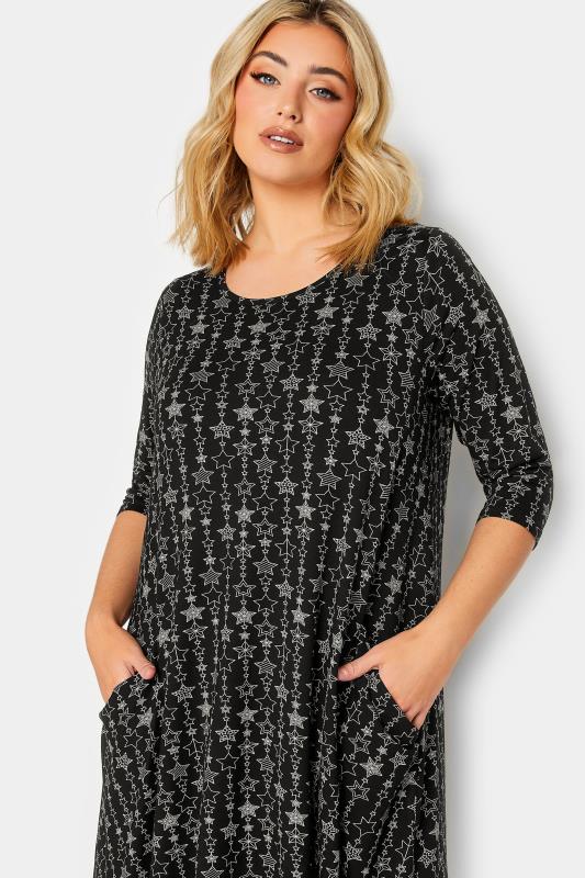 YOURS Plus Size Black Star Print Drape Pocket Mini Dress | Yours Clothing 4