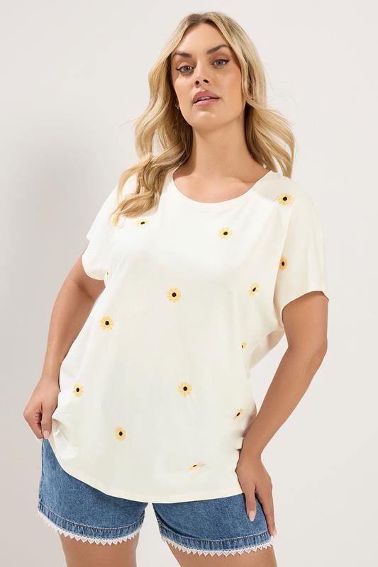  YOURS T-shirt ivoire brodé de marguerites