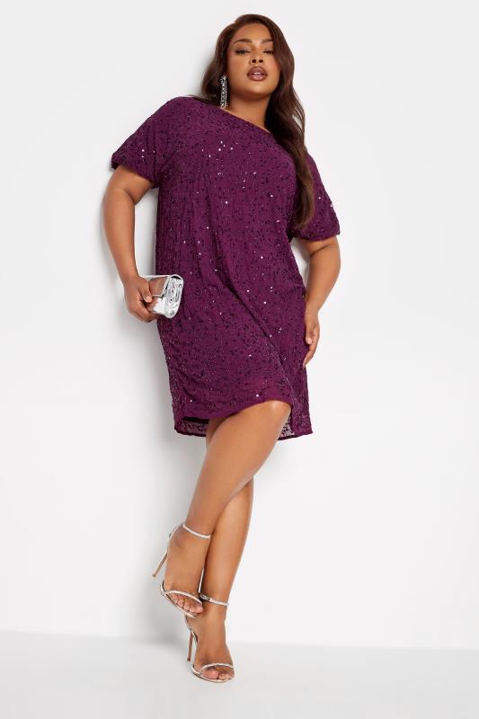 LUXE Plus Size Purple Sequin Hand Embellished Cape Dress | Yours Clothing 2