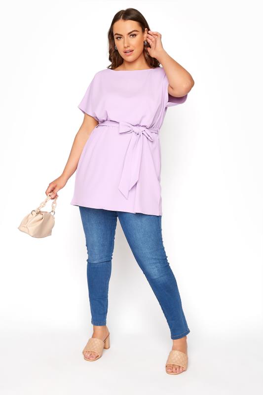YOURS LONDON Curve Lilac Purple Batwing Belted Peplum Top_B.jpg