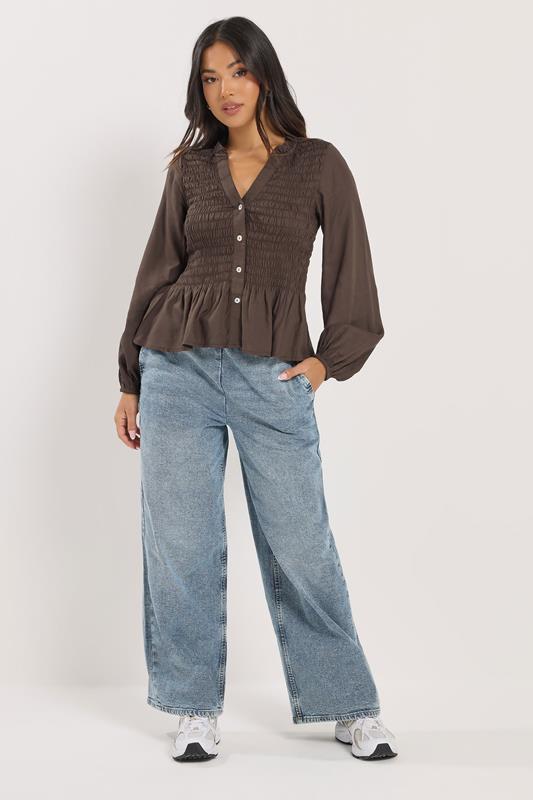 PixieGirl Petite Women's Chocolate Brown Shirred Long Sleeve Shirt | PixieGirl 1