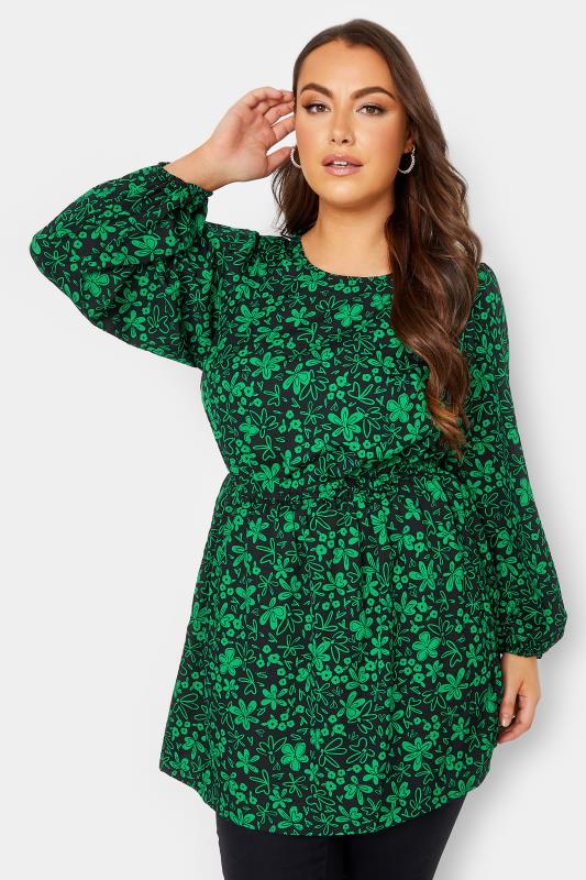 Plus Size  YOURS Curve Green & Black Floral Balloon Sleeve Shirred Waist Peplum Top