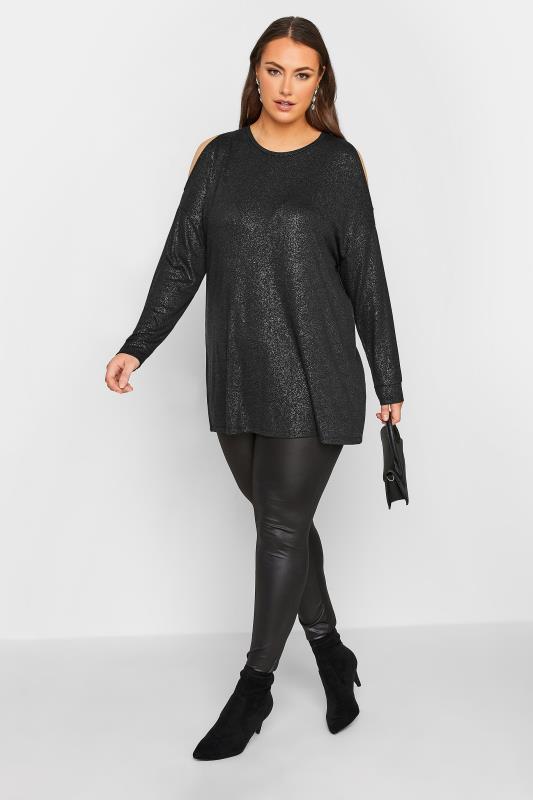 Curve Plus Size Black Glitter Long Sleeve Cold Shoulder Top | Yours Clothing 3