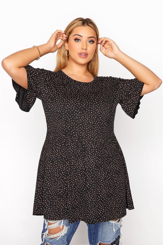 Plus Size  LIMITED COLLECTION Black Polka Dot Angel Sleeve Peplum Top