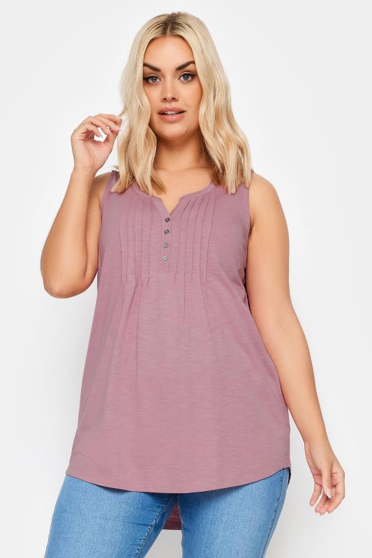 Plus Size  YOURS Curve Pink Pintuck Henley Vest Top