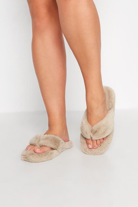 Beige Brown Fluff Toe Post Slippers In Extra Wide EEE Fit 1