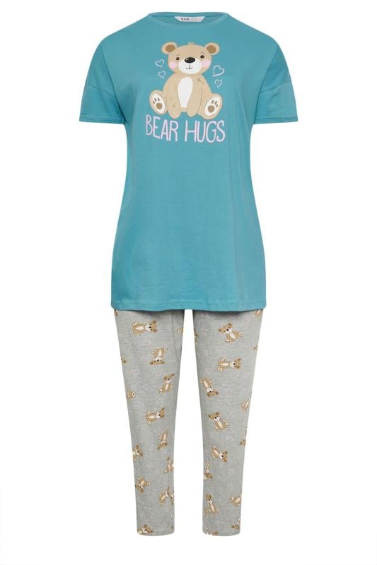 YOURS Plus Size Blue 'Bear Hugs' Wide Leg Pyjama Set | Yours Clothing 5