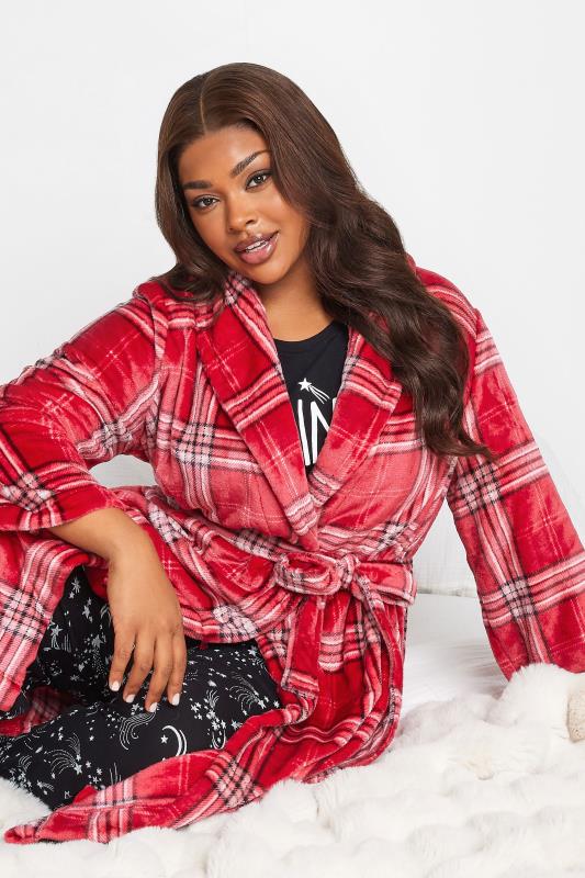 YOURS Plus Size Red Check Print Shawl Collar Dressing Gown | Yours Clothing 6
