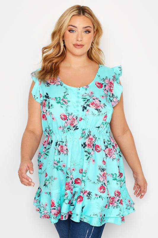 Curve Blue Floral Print Frill Sleeve Smock Top 1