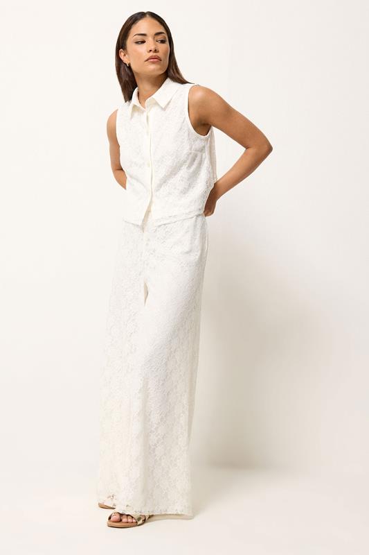 PixieGirl Petite Women's Set White Lace Lined Shirt & Wide Leg Trousers | PixieGirl 1