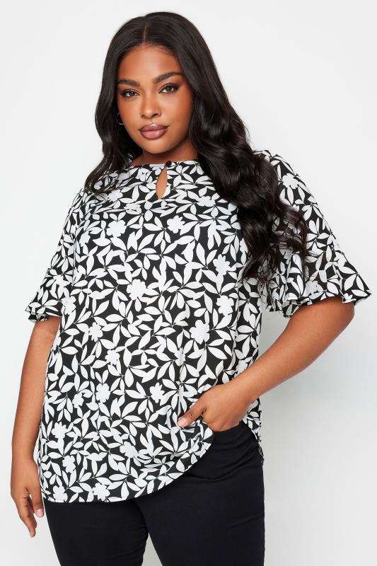  Grande Taille YOURS Curve Black Floral Print Keyhole Tunic Top