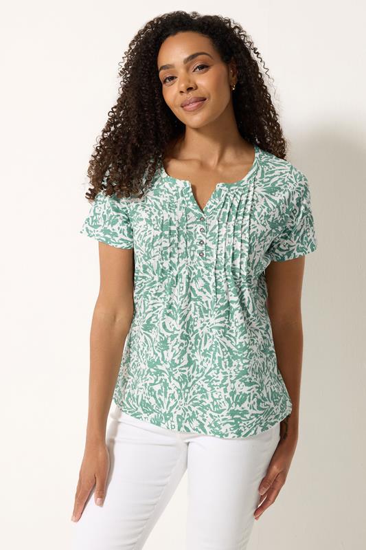 M&Co Green Abstract Print Cotton Henley Top | M&Co 1