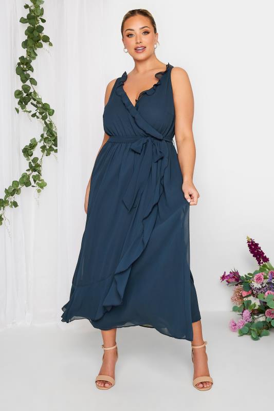 YOURS LONDON Plus Size Navy Blue Ruffle Wrap Dress | Yours Clothing 1