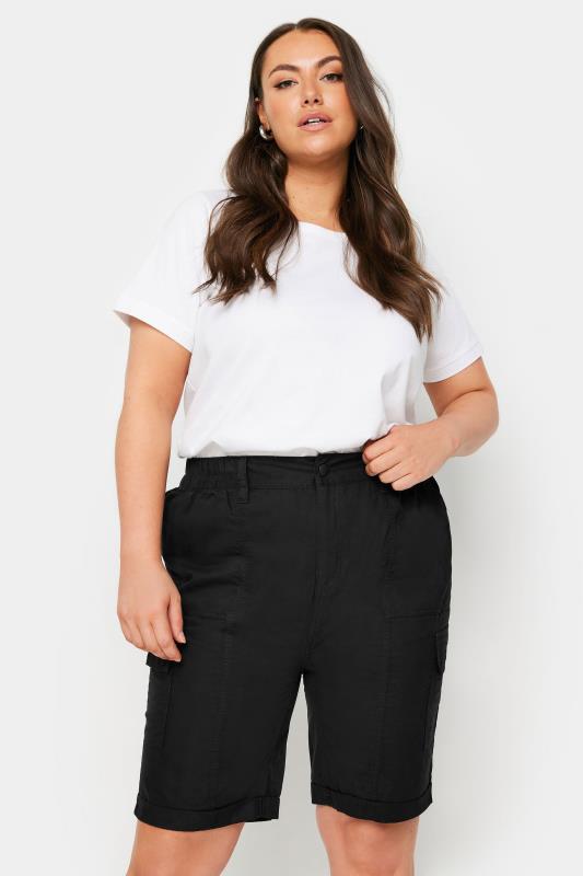 YOURS Plus Size Black Elasticated Waist Cargo Shorts | Yours Clothing 1