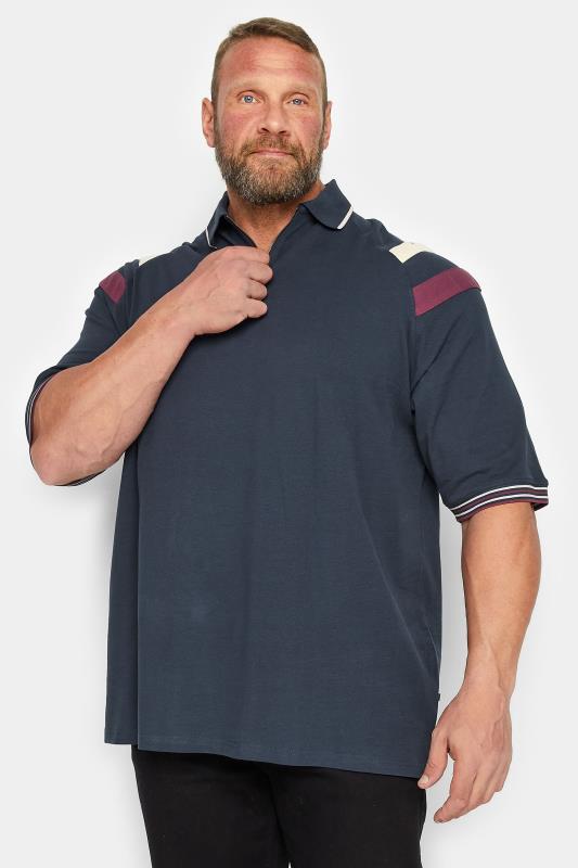 KAM Big & Tall Navy Blue Zip Neck Panel Polo Shirt | BadRhino 1