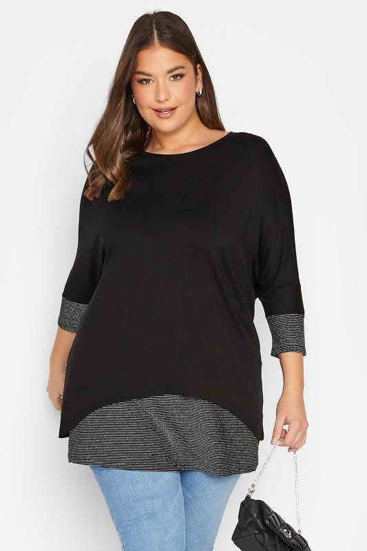 YOURS Plus Size Black Layered Stripe Print Top | Yours Clothing 1