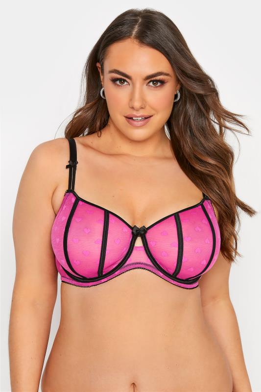 Plus Size  Pink Embroidered Love Heart Balcony Bra - Available In Sizes 38DD - 48G
