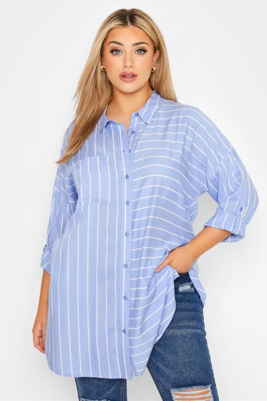 Plus Size Blue Stripe Oversized Shirt | Yours Clothing  1