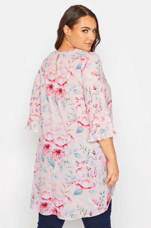 YOURS LONDON Plus Size Pink Floral Flute Sleeve Tunic Top | Yours Clothing 3