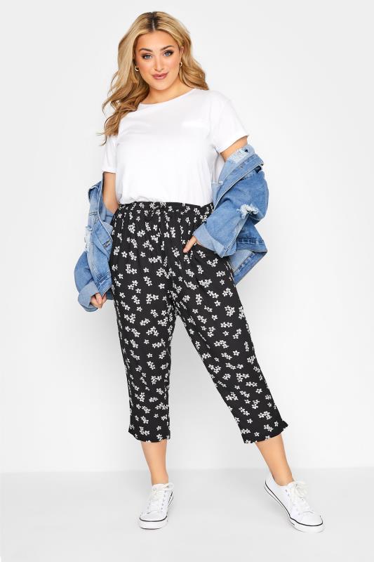 Plus Size Black Floral Print Cropped Joggers | Yours Clothing  2