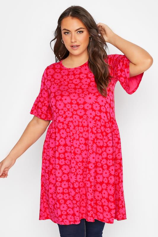 Curve Red & Pink Floral Print Smock Tunic Dress_A.jpg