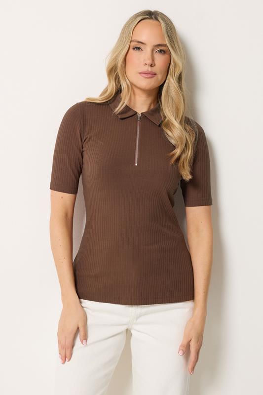 LTS Tall Women's Chocolate Brown Half Zip Ribbed Cotton Collared Top | Long Tall Sally 1
