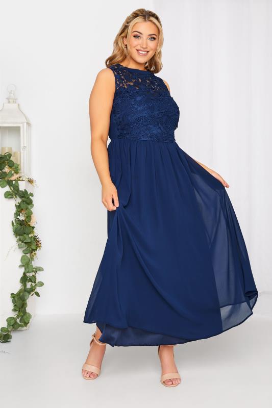 Plus Size YOURS LONDON Curve Navy Blue Lace Front Chiffon Maxi Dress | Yours Clothing  2