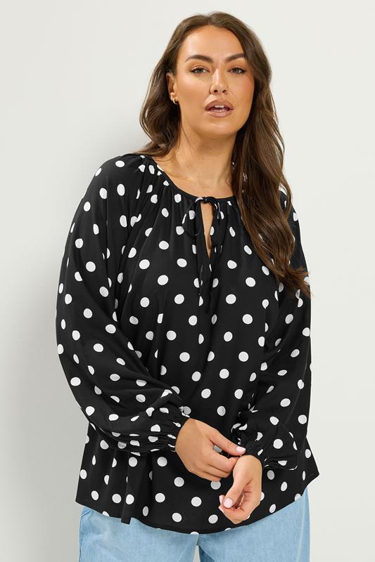 YOURS Plus Size Black Polka Dot Print Blouse | Yours Clothing 1