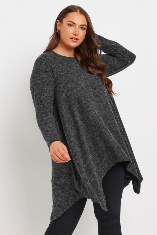 YOURS Plus Size Charcoal Grey Hanky Hem Top | Yours Clothing 1