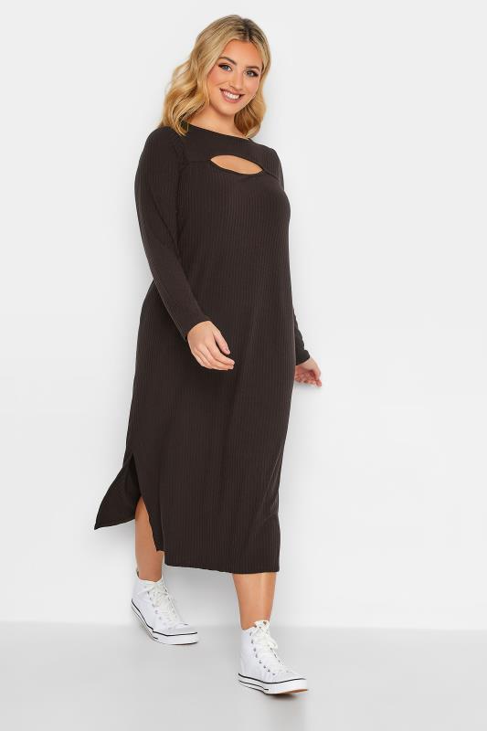 Plus Size Chocolate Brown Ribbed Cut Out Midaxi Dress | Yours Clothing 2