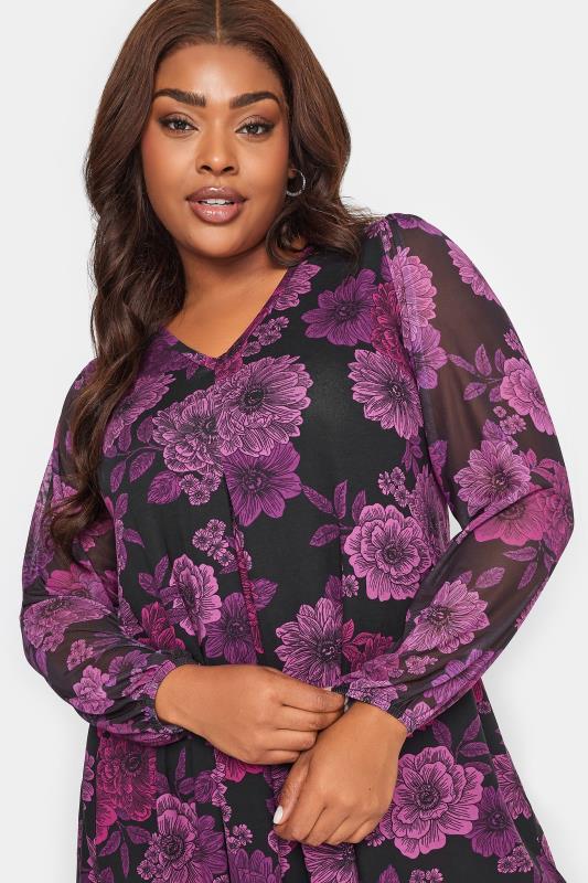 YOURS Plus Size Purple Floral Print Mesh Sleeve Pleated Top | Yours Clothing  4