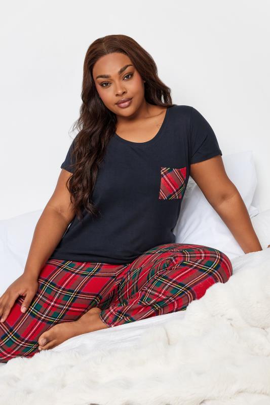 LIMITED COLLECTION Plus Size Navy Blue Tartan Check Pocket Pyjama Top | Yours Clothing 4