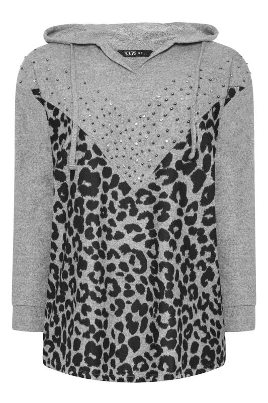 YOURS Plus Size Grey Leopard Print Stud Hoodie | Yours Clothing 5