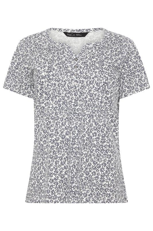 M&Co Navy Blue Floral Cotton Henley Top | M&Co 5