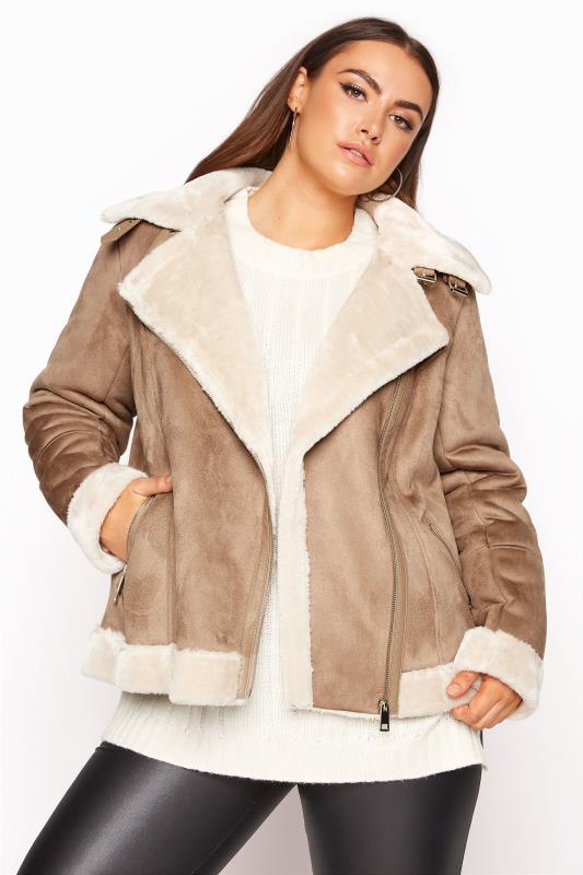 Plus Size Beige Brown Faux Fur Trim Aviator Jacket | Yours Clothing 1
