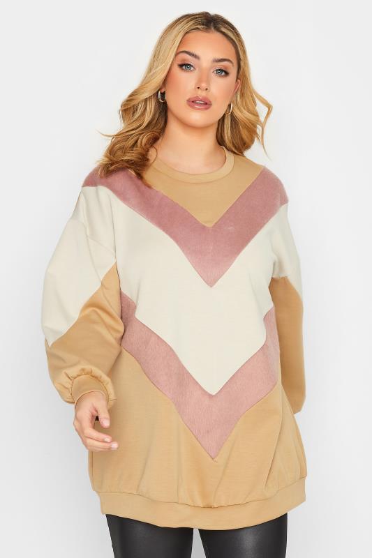 YOURS LUXURY Plus Size Natural Brown Faux Fur Chevron Sweatshirt | Yours Clothing 2
