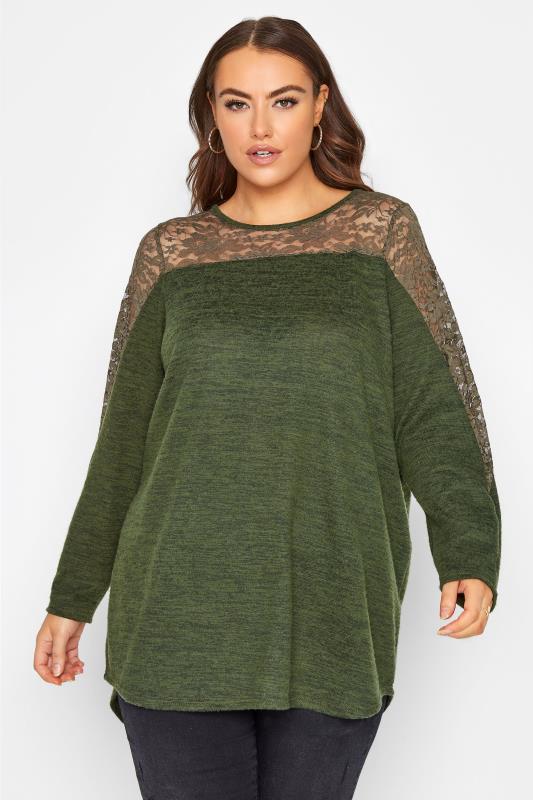 Plus Size  Green Lace Insert Knitted Jumper