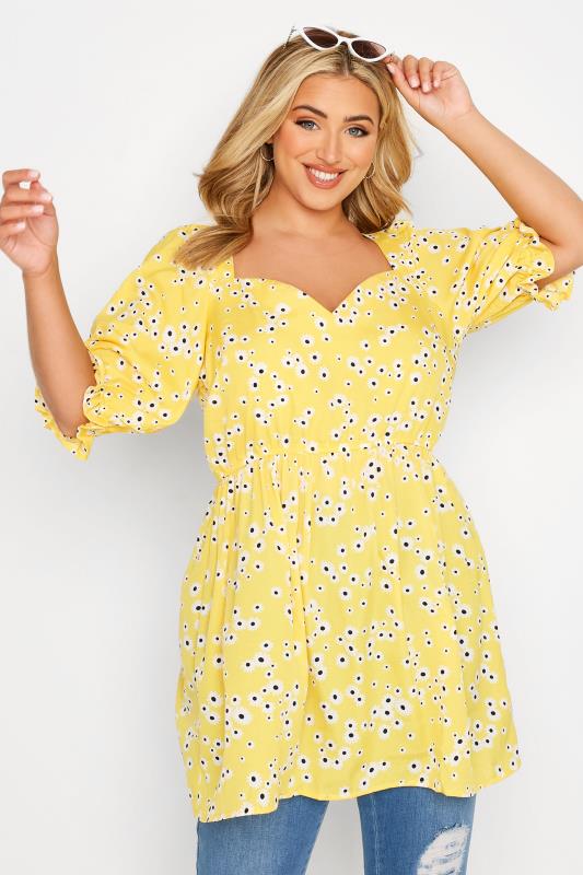Plus Size  Curve Yellow Daisy Print Sweetheart Puff Sleeve Top