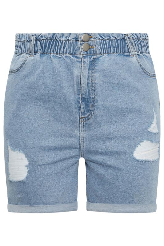 YOURS Plus Size Light Blue Elasticated Stretch Ripped Denim Shorts | Yours Clothing 5
