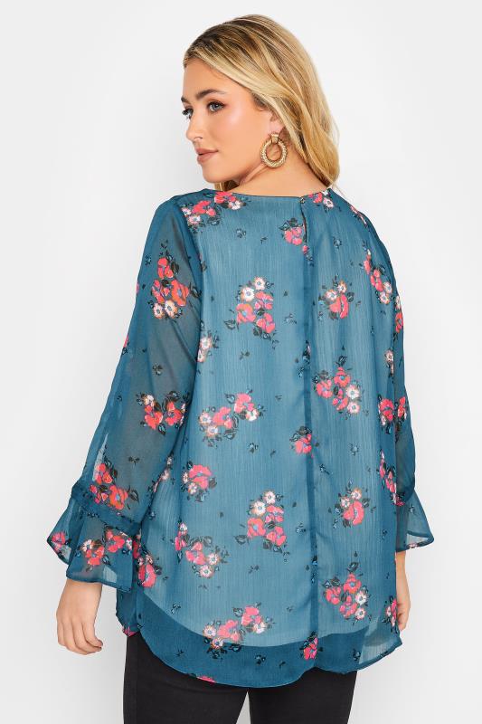 YOURS Plus Size Curve Blue & Pink Floral Bell Sleeve Blouse | Yours Clothing  3