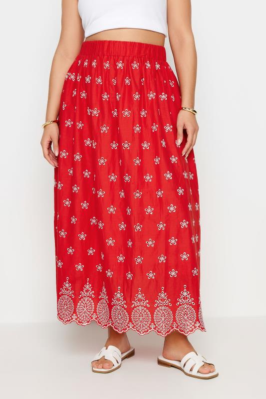YOURS Plus Size Red Floral Broderie Maxi Skirt | Yours Clothing 1