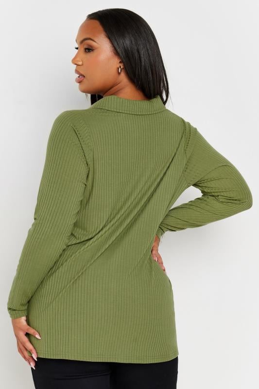 YOURS Plus Size Green Ribbed Button Front Long Sleeve Collared Top | Yours Clothing 3