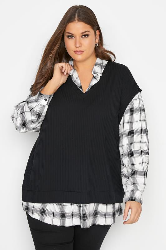 Plus Size YOURS LONDON Curve Black & White 2 In 1 Knitted Jumper Shirt | Yours Clothing 1