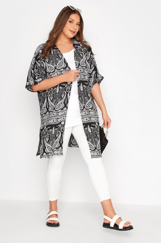 Plus Size Black Paisley Print Longline Kimono Cardigan | Yours Clothing  2
