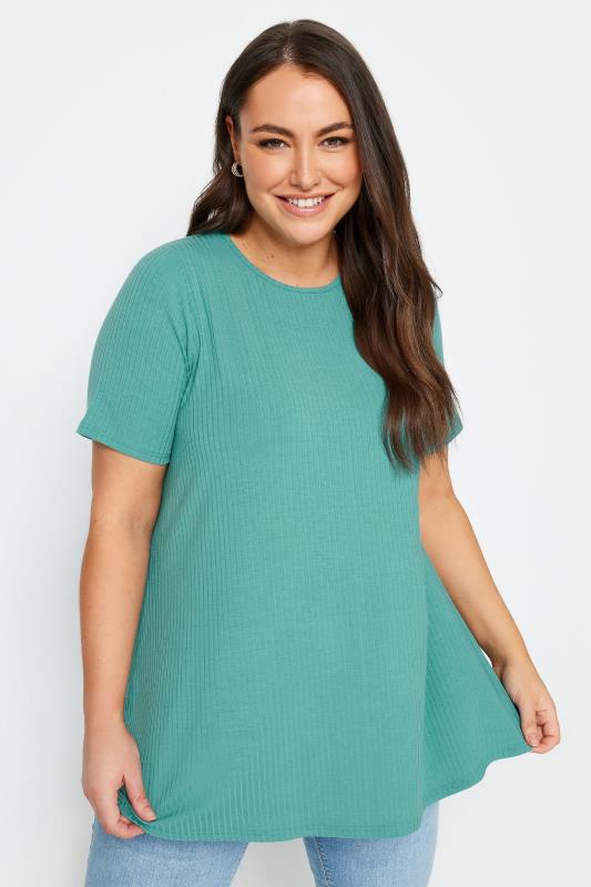 Plus Size  YOURS Curve Blue Ribbed T-Shirt