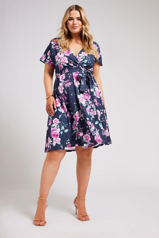 YOURS LONDON Plus Size Navy Blue Floral Wrap Dress | Yours Clothing 1