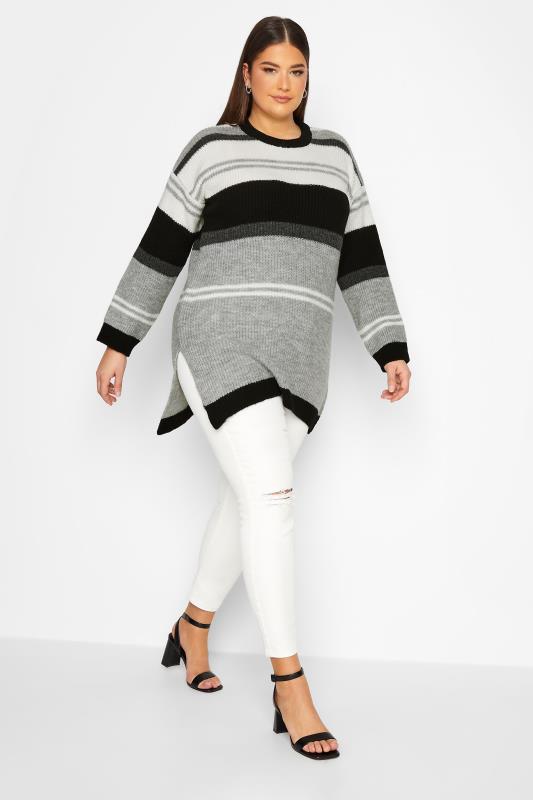 YOURS LUXURY Plus Size Grey Stripe Longline Jumper | Yours Clothing 2