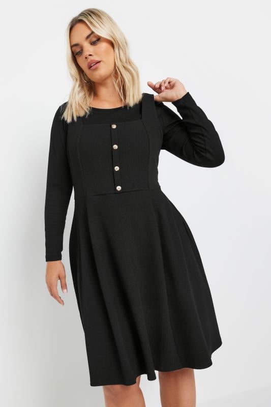  YOURS Curve Black Button Front Textured Pinafore Dress