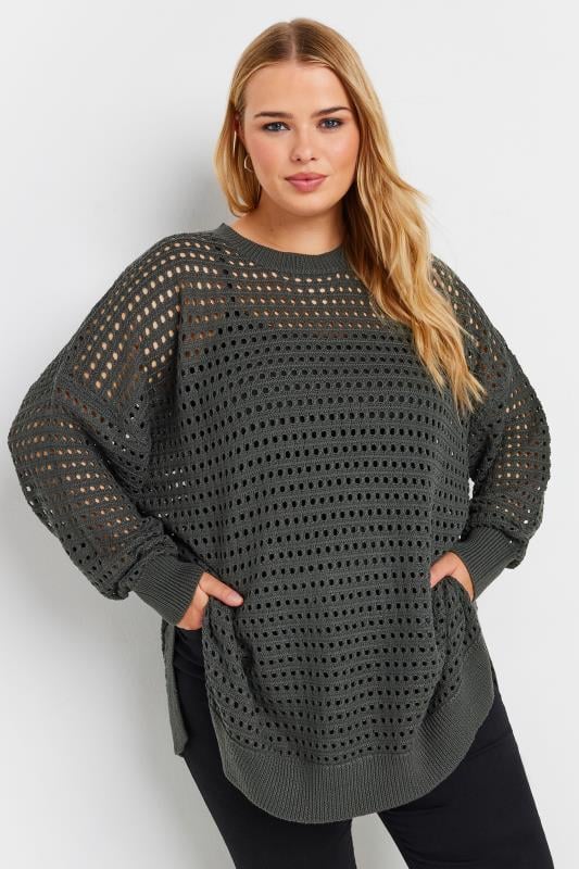  Tallas Grandes YOURS Curve Slate Grey Side Split Crochet Jumper