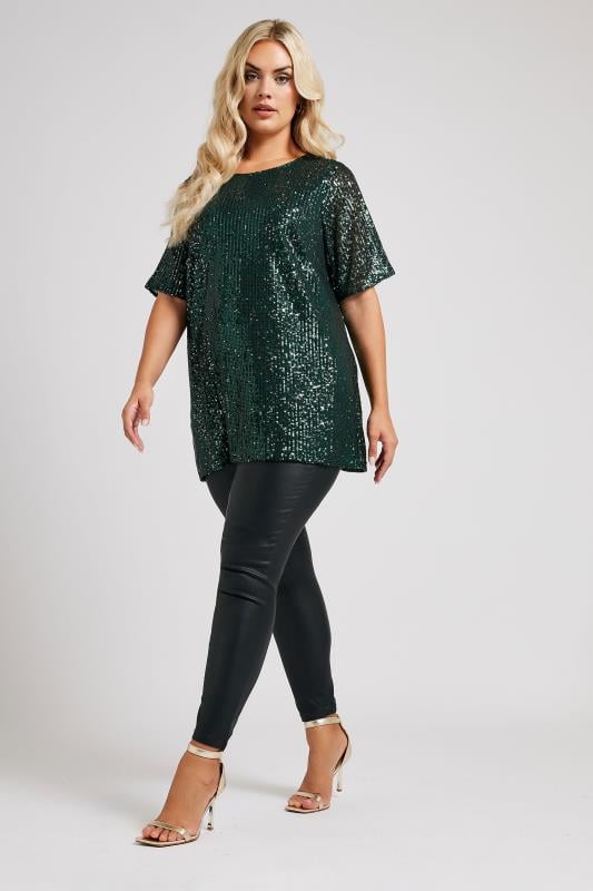 YOURS LONDON Plus Size Emerald Green Sequin Swing Top | Yours Clothing  3